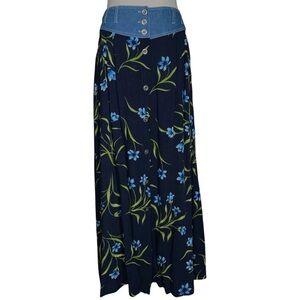 Vintage 90s Navy Floral Denim Accent Button down Maxi Skirt Boho
